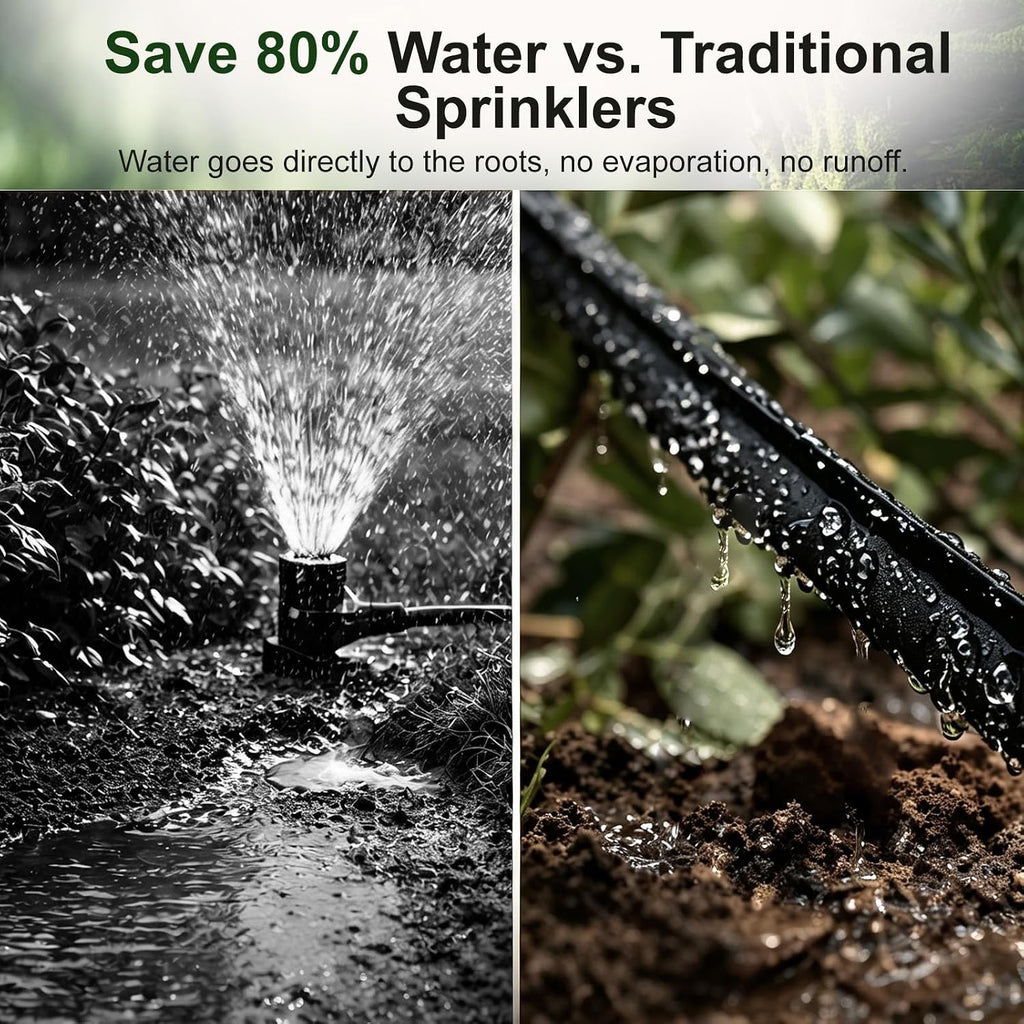 Flat Soaker Hose 25 ft 4-Pack with Splitter, 80% Water-Saving Drip Irrigation Hose 100 ft, Linkable DIY Garden Soaker Hose System for Garden Beds, Lawn, Vegetables & Trees (25ft 4-pack)