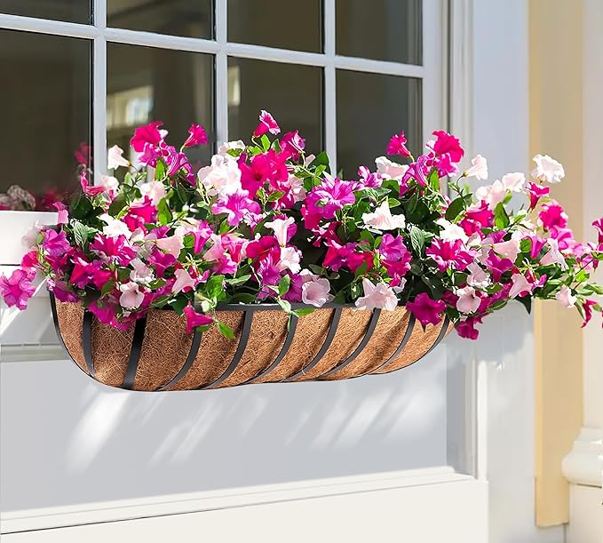 Y&M 2pcs 24 Inch Window Deck with Coco Liner, 24" Window Boxes Horse Trough with Coconut Coir Liner, Black Metal Hanging Flower Planter Window Basket Deck Railing Planter Boxes for Outdoor Indoor