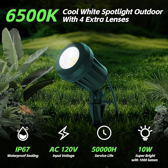 Spotlight Outdoor – 120V Plug-In, 6500K Cool White LED Landscape Lighting with RGB Purple 4 Color Lenses for Yard, Garden, Lawn & Tree Decor on Holidays&Everyday, IP67 Waterproof (2 Pack,Green)
