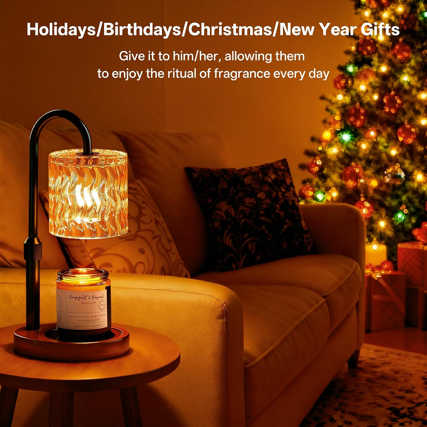 Homelist Candle Warmer Lamp Adjustable Height, with Timer & Dimmer, Black | Decorative Wax Warmer Lamp with Ripple Glass Shade, Cozy Bedroom Home Decor/Housewarming Gift for Women/Sister/Wife