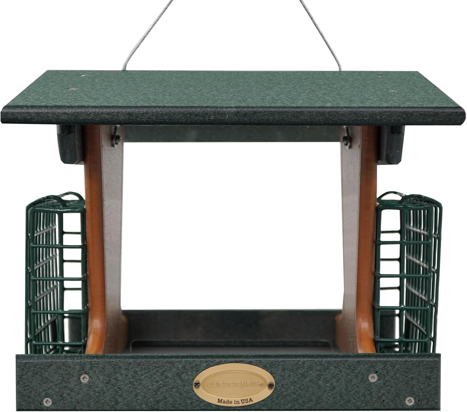 DutchCrafters Poly Hopper Bird Feeder with Suet Holder, Large Suet Feeder for Birds, Outdoor Hanging - Amish American Made (Turf Green & Cedar)