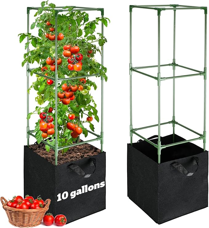 ANPHSIN 2 Sets Tomato Cages with 10 Gallon Grow Bags - 47'' Stable Plant Support Trellis Kit, Square Cages with Planter Pots for Garden Flowers Vegetables Cucumber Vertical Climbing Plants Vines