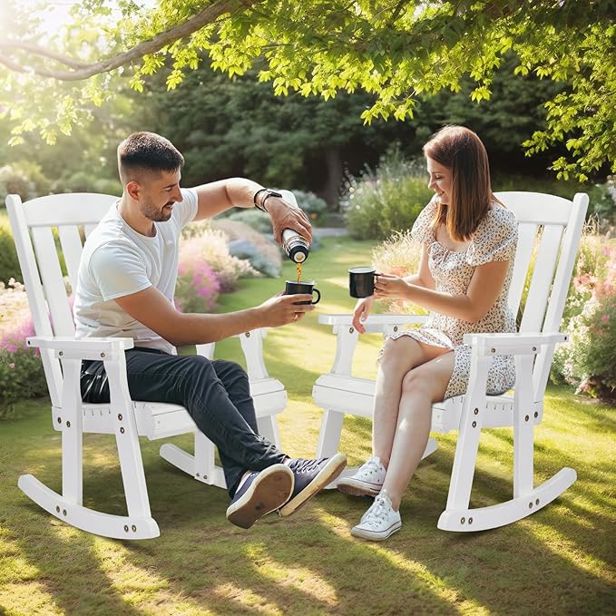 VINGLI Outdoor Rocking Chair Set of 2, Heavy Duty 600 LBS Wooden Rocking Chair with Comfortable Backrest, Weatherproof Rocker with Ergonomic Design, Suit for Patio, Garden, Yard, White