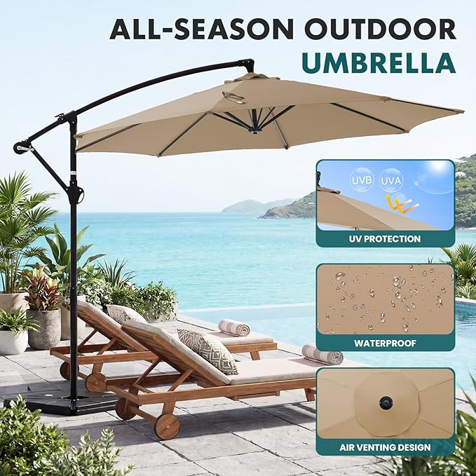 OLIXIS 9.7FT Offset Patio Umbrella with Base, Cantilever Table Umbrellas for Outdoor Sun Shade UV Protection with Easy Tilt Adjustment, 8 Ribs for Backyard, Lawn, Garden, Pool - Khaki