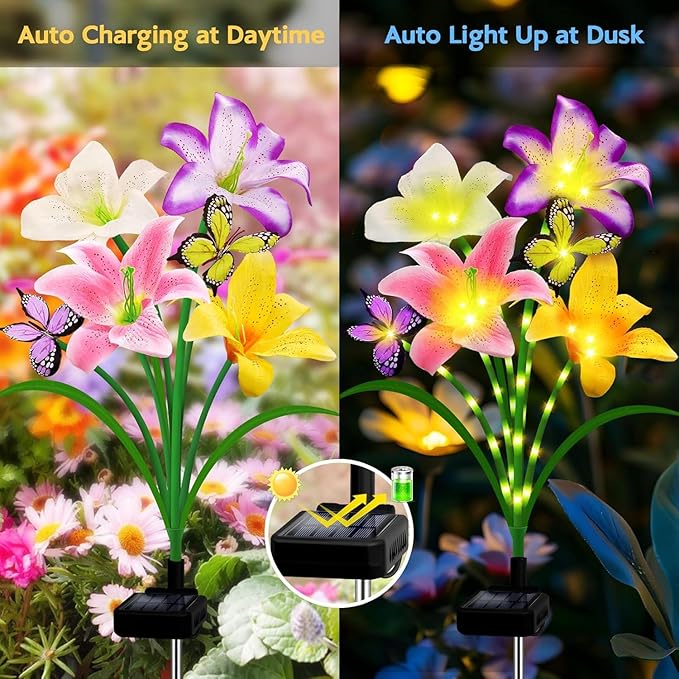 Solar Garden Lights 6 Pack LEDs Solar Lilies Flower Lights, Yard Patio Pathway Decoration High Flexibility Copper Wire Handmade Silk Artificial Flowers Never Wither, Gift for Family Friends