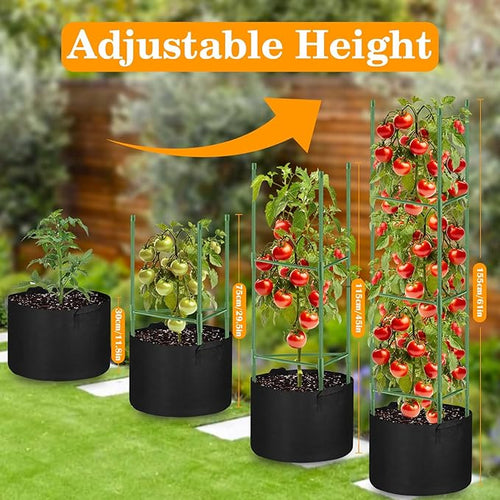 4 Pack Tomato Cages with 11 Gallon Grow Bags for Garden 55inch Tomato Planter with Trellis Heavy Duty Plant Stakes Support Frames for Climbing Vegetables Flowers Fruits Flowers