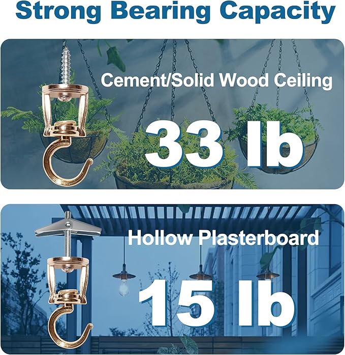 ONIKK Ceiling Hooks for Hanging Plants (6 PCS Gold), Heavy Duty Metal Plant Hooks, Screw in Hooks for Hanging Birdfeeders, Lamps, Planters, Indoor Outdoor Wall Baskets Hooks up to 33 lbs