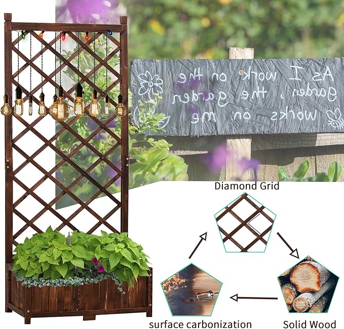 Anraja Raised Garden Bed with Trellis Wooden Planter Box Outdoor Wood Privacy Screen for Climbing Plant Planting Flower Patio Tomato Vegetable Herb Balcony Porch 29.5" L x 17.0" W x 67.0" H