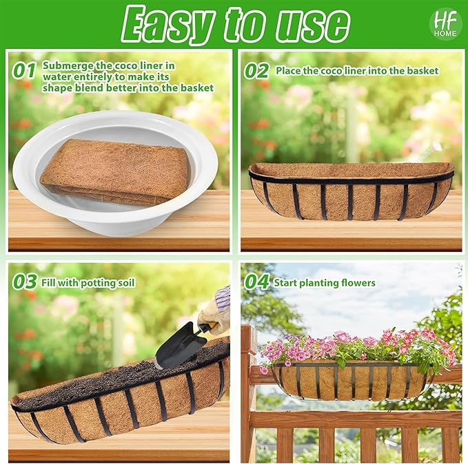 HFHOME 2 Pcs Coco Liners for Planters 24 Inch, Horse Trough Coconut Planter Hanging Basket Liners for Window Box Hanging Trough Planter
