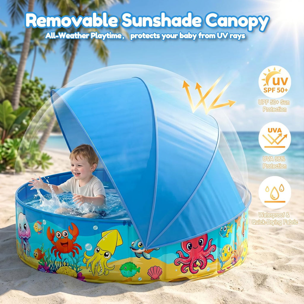 Foldable Kiddie Pool with Canopy 47IN Baby Swimming Pool for Kids | 47IN Toddler Baby Pool with UPF 50+ Shade, Carry Bag Non-Slip, Non-Inflatable Portable Water Play Pool for Backyard Beach