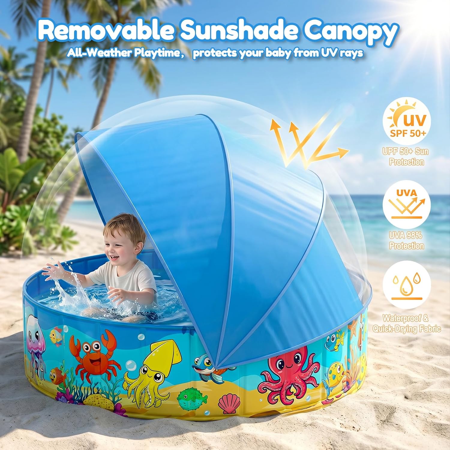 Foldable Kiddie Pool with Canopy 47IN Baby Swimming Pool for Kids | 47IN Toddler Baby Pool with UPF 50+ Shade, Carry Bag Non-Slip, Non-Inflatable Portable Water Play Pool for Backyard Beach