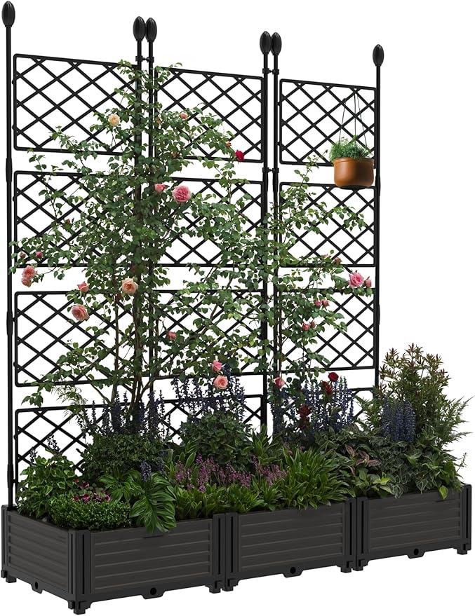 IDEALHOUSE 3 PCS Raised Garden Bed with Trellis, 50" W×63" T Plastic Planter Box with Privacy Screen, Sturdy Lightweight Vertical Garden for Climbing Plants Patio Balcony Backyard