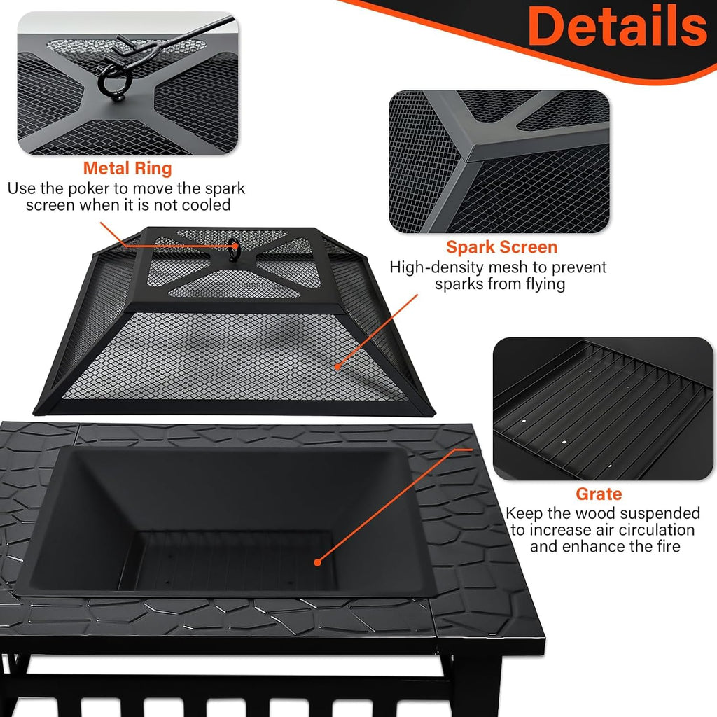 32 inch fire pit table with fire poker, side view