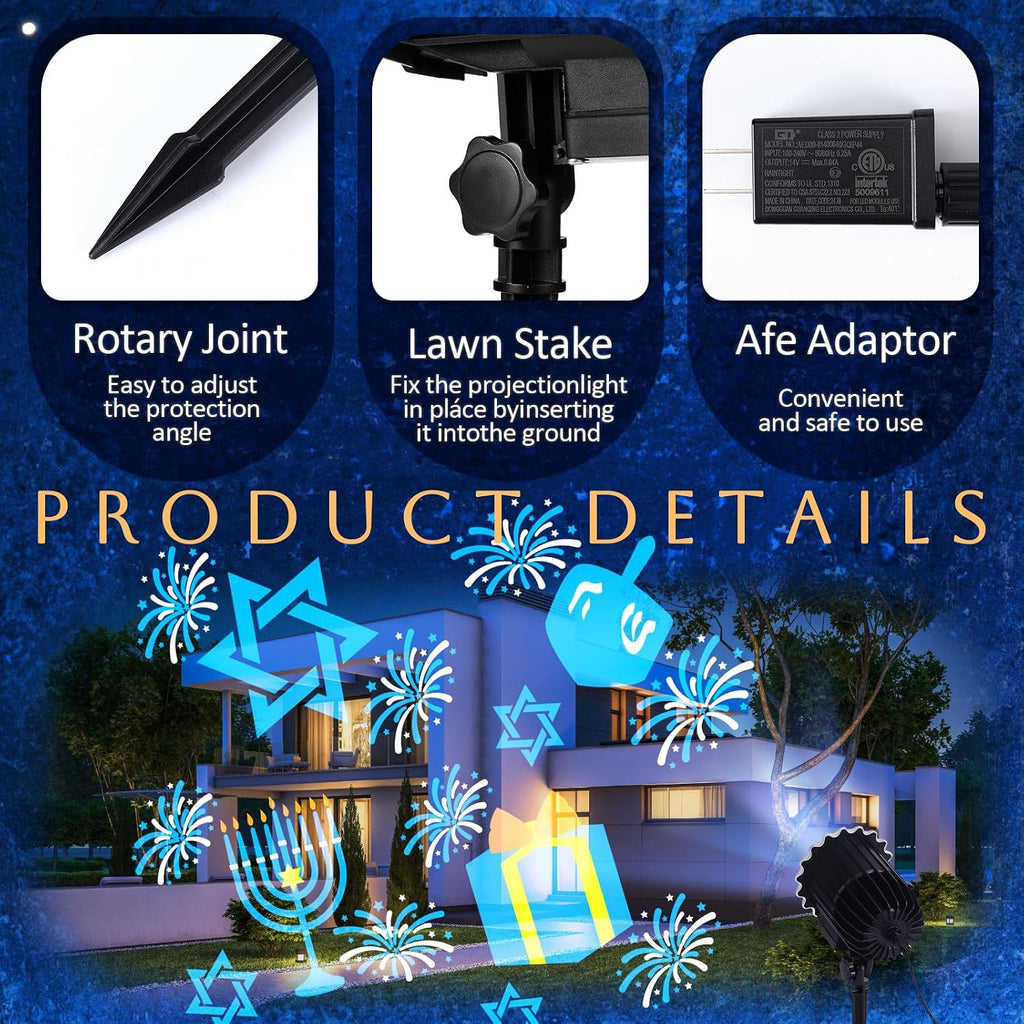Hanukkah Projector Light with 1 Film Slides | Rotating LED Projection Light, Ip65 Waterproof, movement Projection Lamp, Outdoor Reflectors Waterproof Landscape Decorative