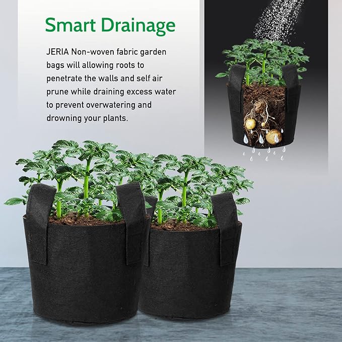 JERIA 12-Pack 5 Gallon Grow Bags, 300G Thickened Nonwoven Garden Pots,Heavy Duty Fabric Pots with Reinforced Handles