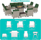 13-Piece Outdoor Patio Furniture Set with Rocking Swivel Chair, PE Wicker Rattan Sectional Sofa Patio Conversation Set with 55,000 BTU Fire Pit Table & Coffee Table, Green