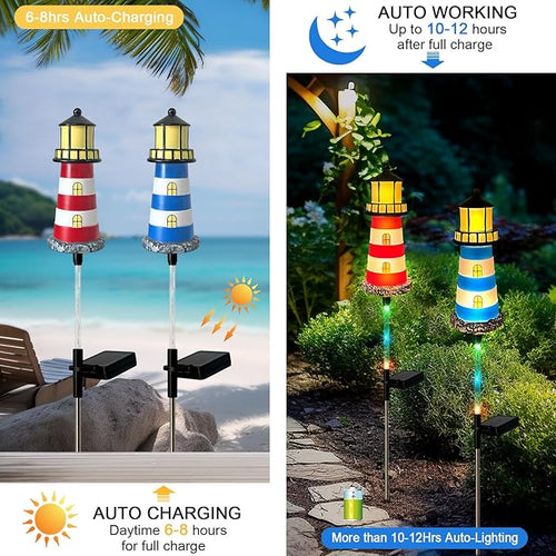 4 Pack Lighthouse Solar Lights,7 Light Color Changes,IP65 Waterproof Solar Pathway Lights for Garden,Lawn,Outdoor Lighthouse Decor