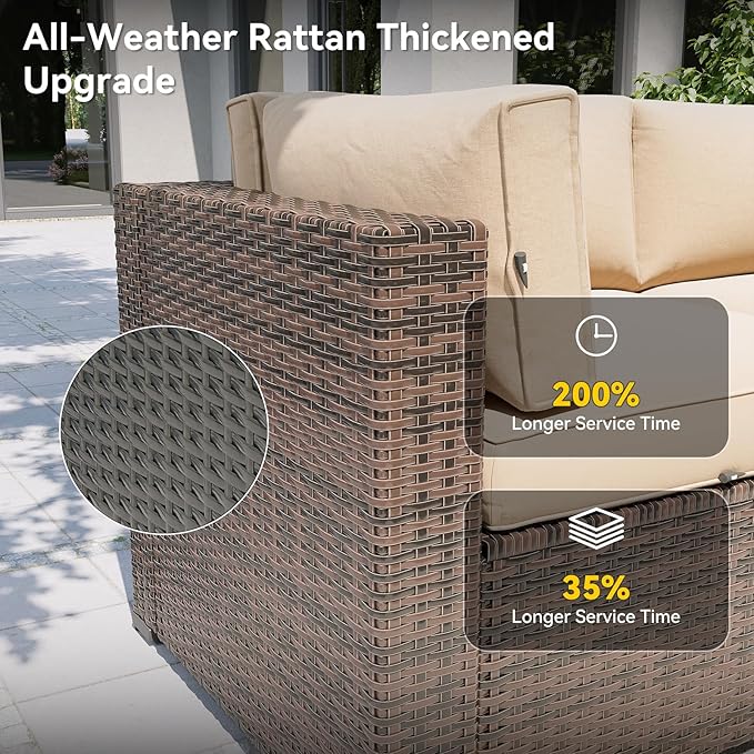 Aoxun Patio Furniture Set with Fire Pit Table, 12 Piece Outdoor Sectional Sofas, 10 Seats Wicker Outdoor Furniture with Thickened Cushion for Backyard, Garden (Brown Rattan Begin Cushions)