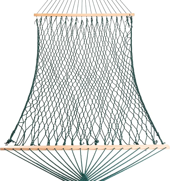 Castaway Living 13 ft. Double Traditional Hand Woven Green Polyester Rope Hammock – 2-Person, 450 lb Capacity, Free Extension Chains & Tree Hooks, Designed in The USA