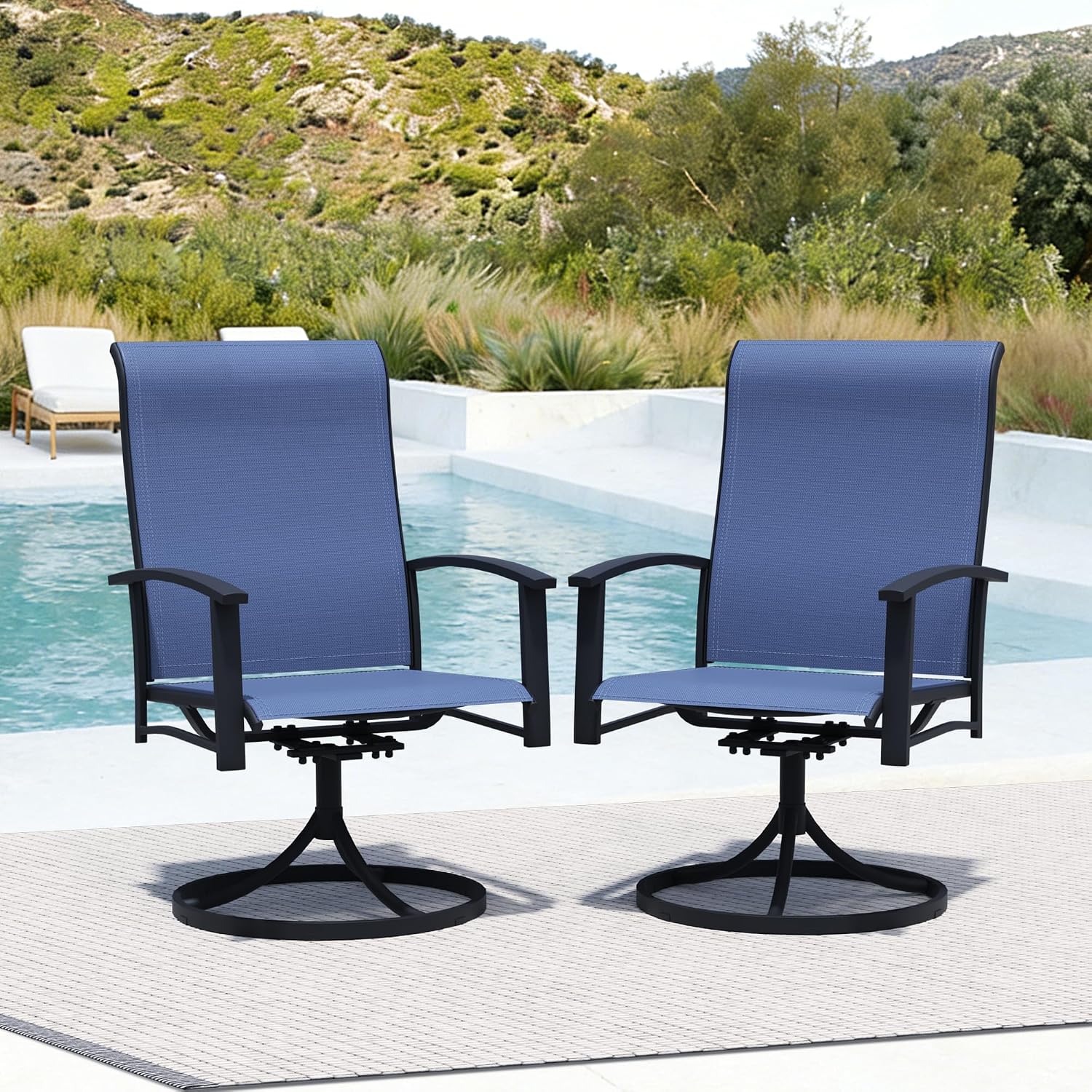 Patio Swivel Chairs Set of 2, All-Weather Swivel Rocker Chair, Outdoor Dining Chairs with High Back, Porch Chairs for Lawn, Porch, Garden, Blue