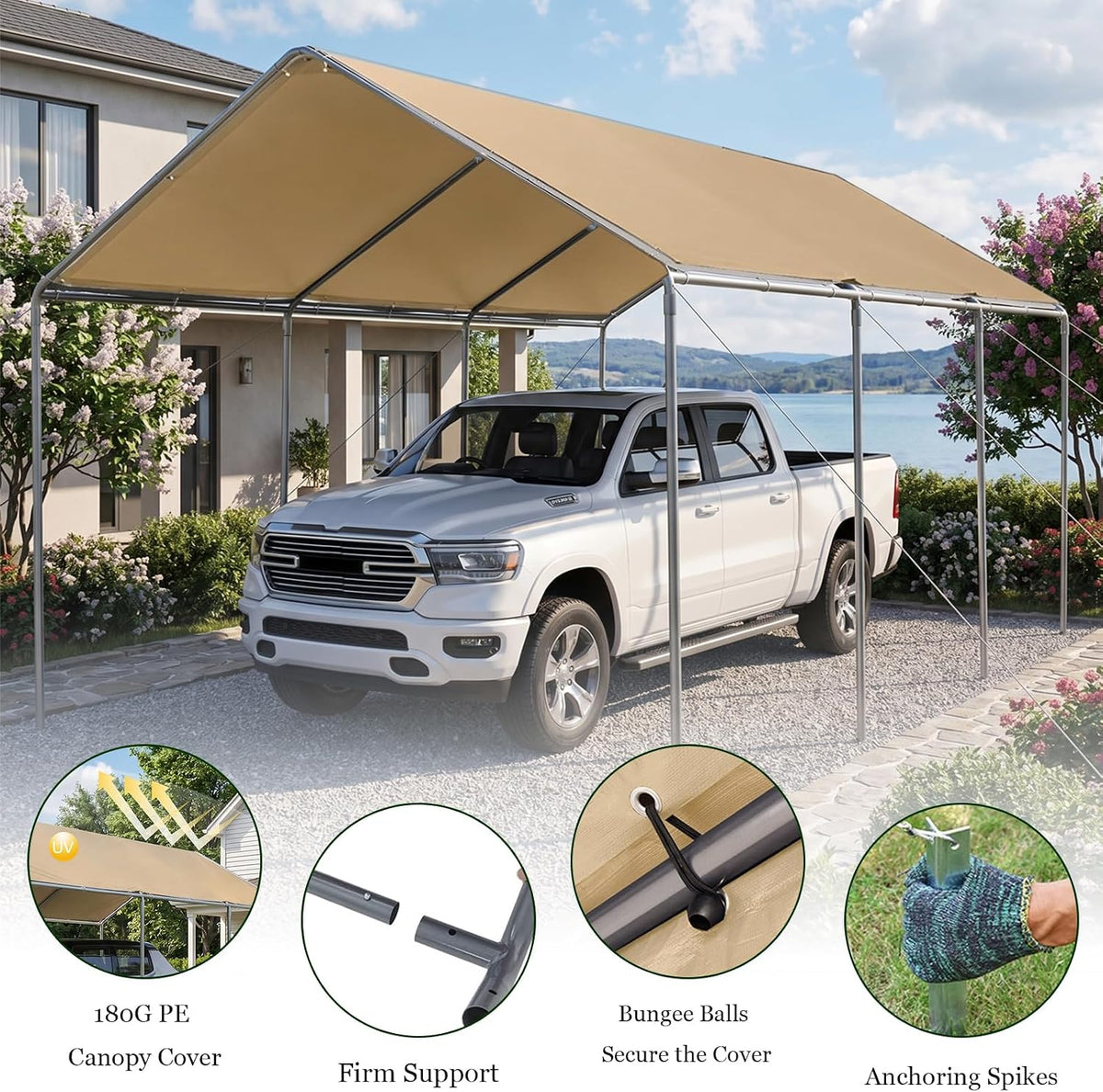 carport, 12x20ft heavy duty portable garage, car port, side view