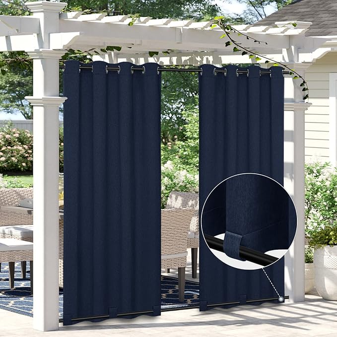 Easy-Going Linen Look Outdoor Curtains Waterproof Windproof Porch Curtains, Soft Thicken Outdoor Privacy Curtains for Patio, Gazebo, Grommet Top and Tab Bottom Drape, 1 Panel, 110x84 inch, Navy