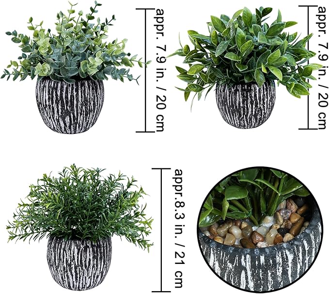Winlyn Set of 3 Artificial Potted Plants Faux Eucalyptus Rosemary Boxwood Greenery in Black & White Concrete Pots Small Fake Plant for Indoor Outdoor Home Office Table Shelf Windowsill Greens Décor