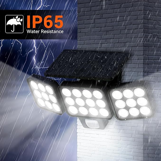 WdtPro Solar Lights Outdoor Flood Light, 3500LM Bright Motion Sensor Outdoor Lights, 3 Heads & Upgrade Glass Panel, LED Solar Powered Security Light Spotlights Waterproof for Outside Yard-2Pack