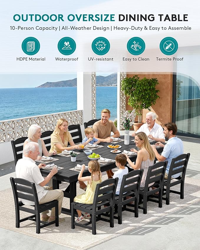 SERWALL Outdoor Dining Table, 84" Rectangular Dining Table for 6-10 Person, All Weather HDPE Outdoor Furniture for Backyard, Garden, Black