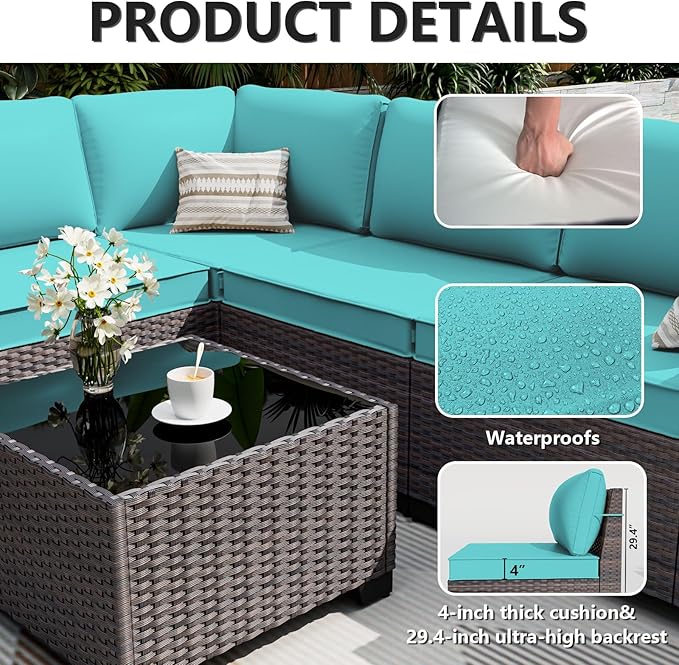 ALAULM 6 Pieces Patio Furniture Set, Oversized Seat/Armrest and High Back Wicker Sectional Furniture Set with Thick Cushion for Backyard, Garden, Red