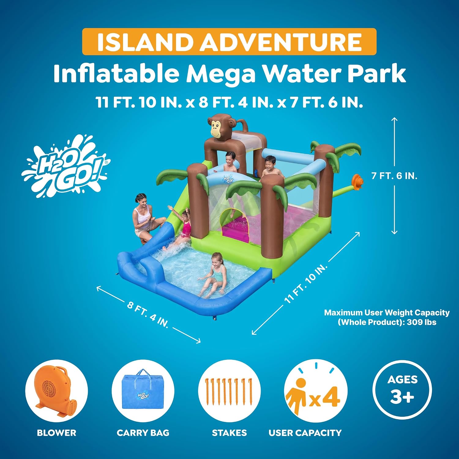 H2OGO! Island Adventure Kids Inflatable Water Park with Heavy-Duty Blower | Inflatable Water Slide, Bounce House for Kids Ages 3+, 2-Minute Inflation, Climbing Wall, Durable Material, Splash Pool
