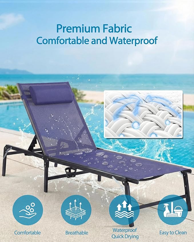 Foldable Chaise Lounge Chair with Cup Holder, Assemble-Free Outdoor Lounge Chair with Detachable Pillow and 6 Adjustable Backrest, Patio Lounge Chair for Outside Poolside Beach Pool, Blue