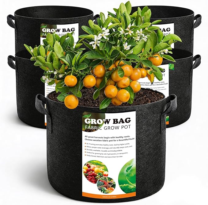 5 Pack 7 Gallon Grow Bags with Handles, Thickened Aeration Nonwoven Fabric Garden Growing Bags Heavy Duty 300G for Tomato, Potato, Strawberry, Vegetable, Fruits and Flowers