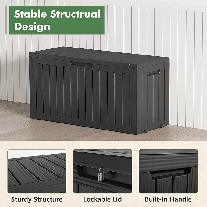 Outdoor Storage Box, Resin Deck Boxes Indoor and outdoor, Waterproof Storage Box Lockable Lid (Black, 85 Gallon)