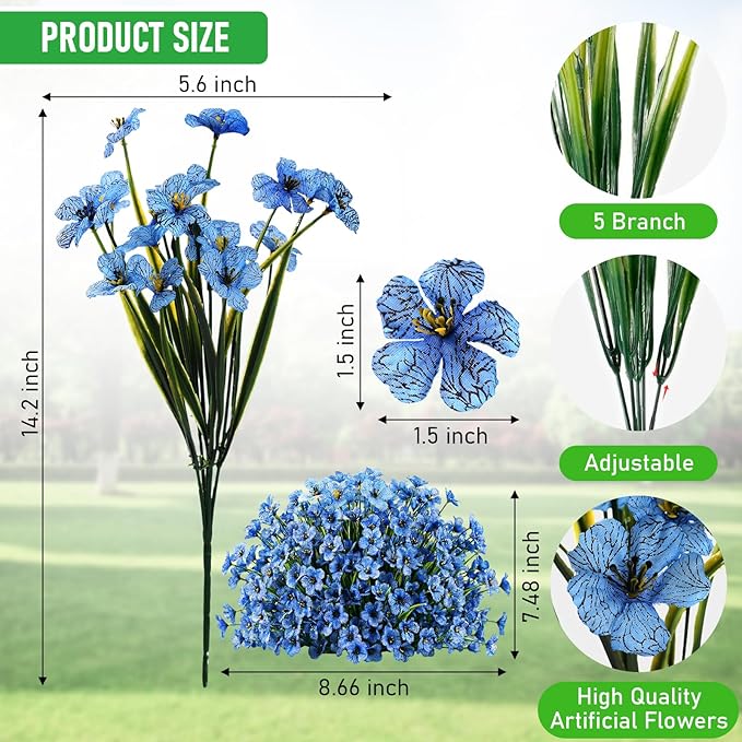 22 Pack Artificial Flowers Outdoor Fake Plants, Faux Flowers UV Resistant with Plastic Plants, Faux Silk Flowers for Outdoors Outside Front Porch Hanging Planter Window Box Garden Decoration(Blue)