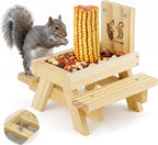 Squirrel Feeder for Outside and Garden, Funny Squirrel Picnic Table Feeder with Corn Cobs Holder and Peanut Tray, Quick Assembly Required