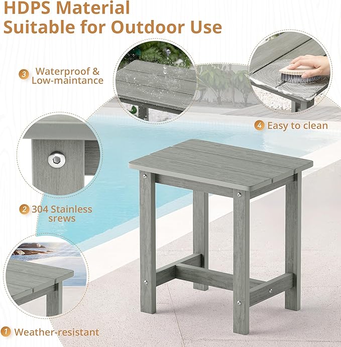 LUE BONA Outdoor Side Table, HDPS Small Outdoor Table, Rectangle Adirondack Side Table, Outside Table for Patio, Porch, Deck, Pool, Weather Resistant/Easy Maintenance, Gray
