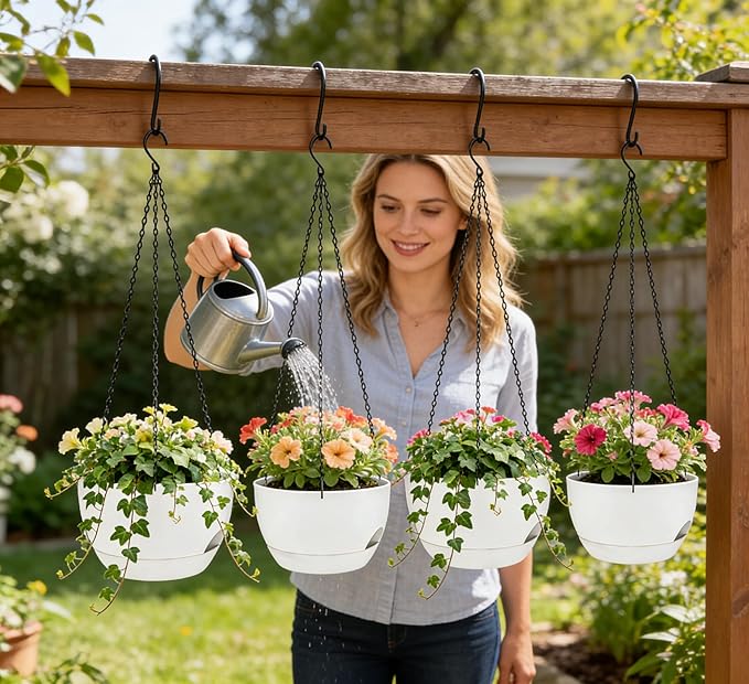 Set of 2-8 Inch Self Watering Hanging Planters for Indoor Outdoor，Hanging Plant Pots with Drainage & Removable Tray, Hanging Pots Holder for Ivy, Pothos, Ferns, Balcony & Patio, White
