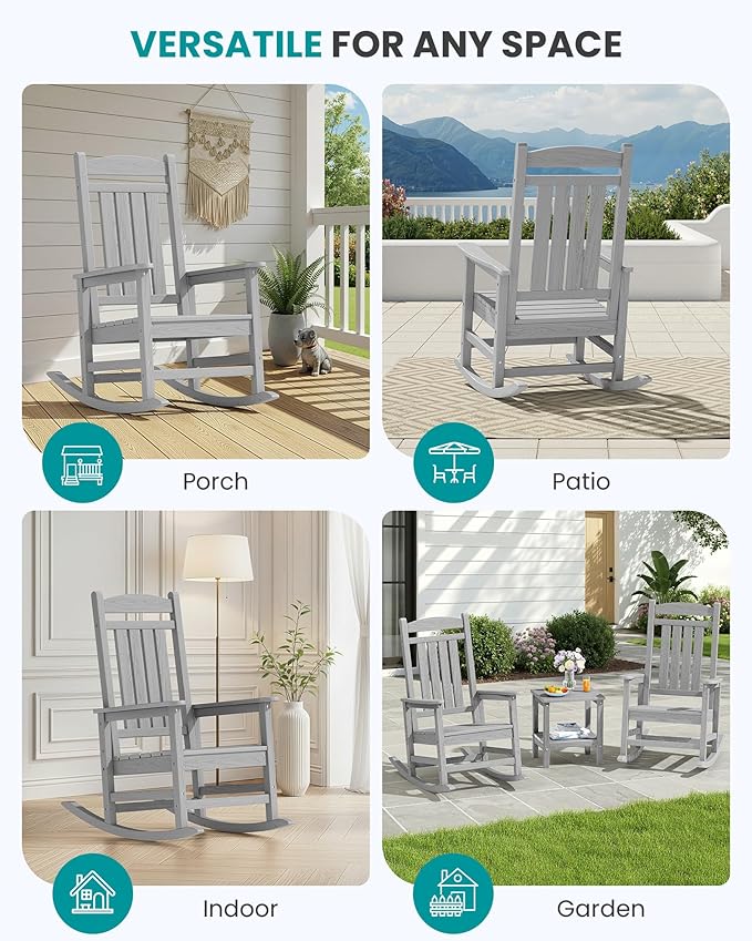 SERWALL HDPE Outdoor Rocking Chair Set of 2, Oversized Patio Rocking Chairs, All-Weather Porch Rockers for Adults, Light Gray