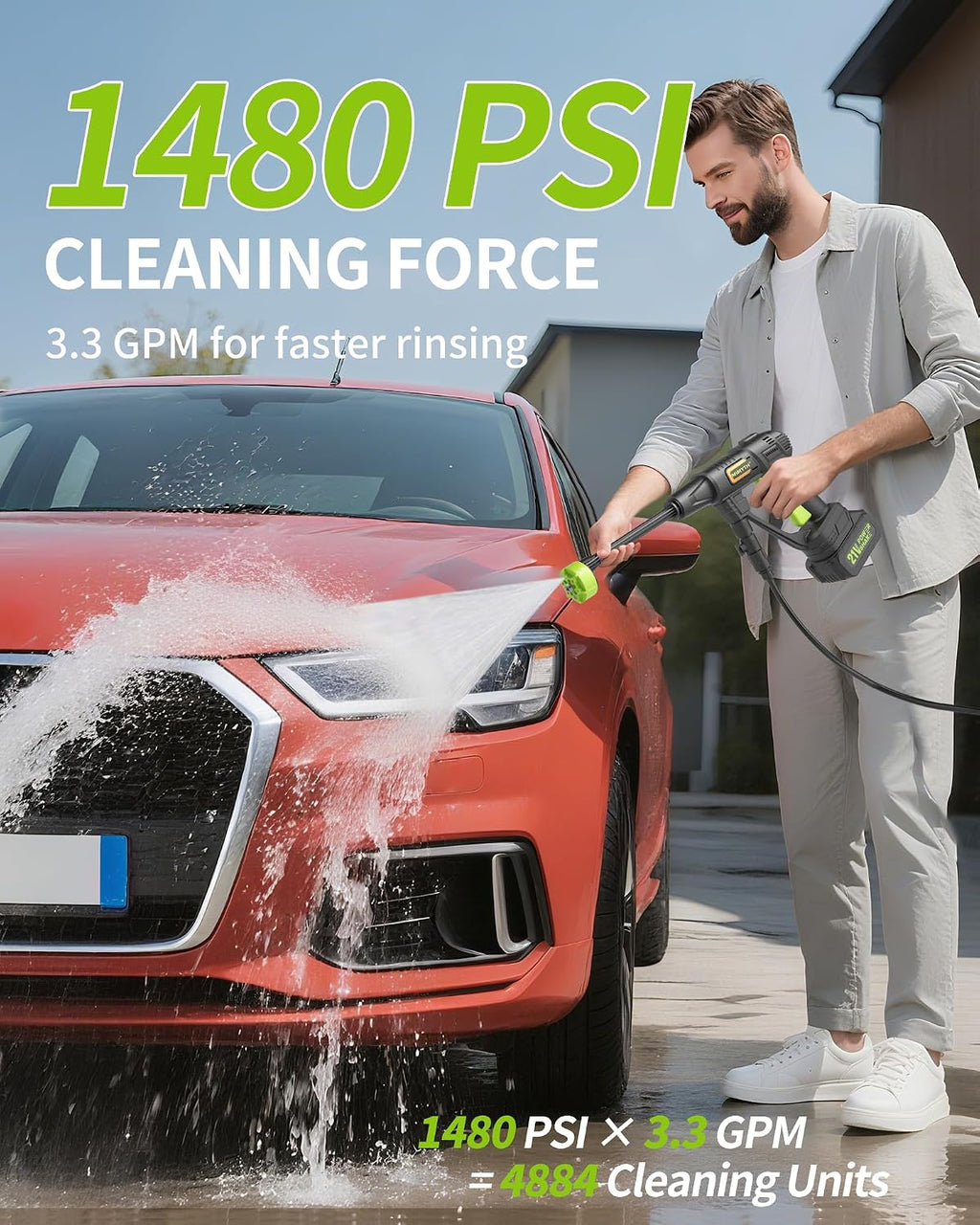 cordless pressure washer, handheld portable battery cordless power shown in use