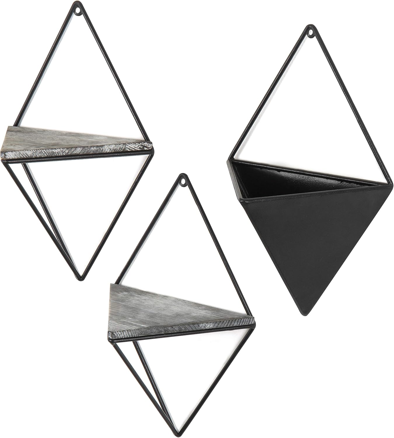 MyGift Indoor Wall Planter and Wooden Wall Display Shelves with Black Metal Frames Metal, 3-Piece Set