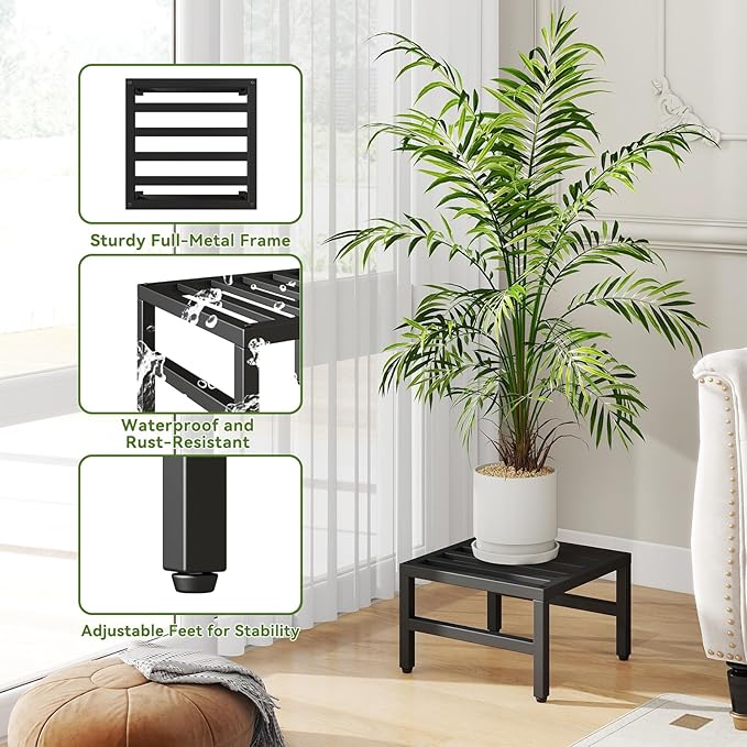 IBUYKE 3 Pack Metal Plant Stand Indoor Outdoor, Heavy Duty Small Flower Pot Stand, Modern Square Plant Shelf Flower Stand for Living Room Patio Balcony Garden, Black TMJ075B-3