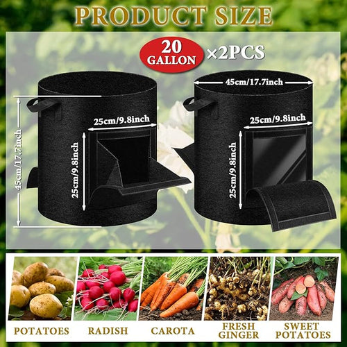 2 Pack 20 Gallon Potato Grow Bags with Pull-Down Harvest Window, Potato Bags for Growing Potatoes Heavy Duty Thickened Nonwoven Fabric Gardening Vegetable Growing Bags with Visible Window