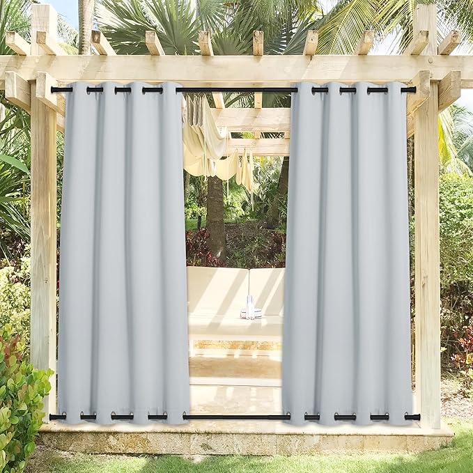 NICETOWN 2 Panels Outdoor Curtains with Rustproof Grommet on top and Bottom for Patio Waterproof, Windproof Privacy Outdoor Living Dividers for Valley/Cabana, W52 x L84, Greyish White