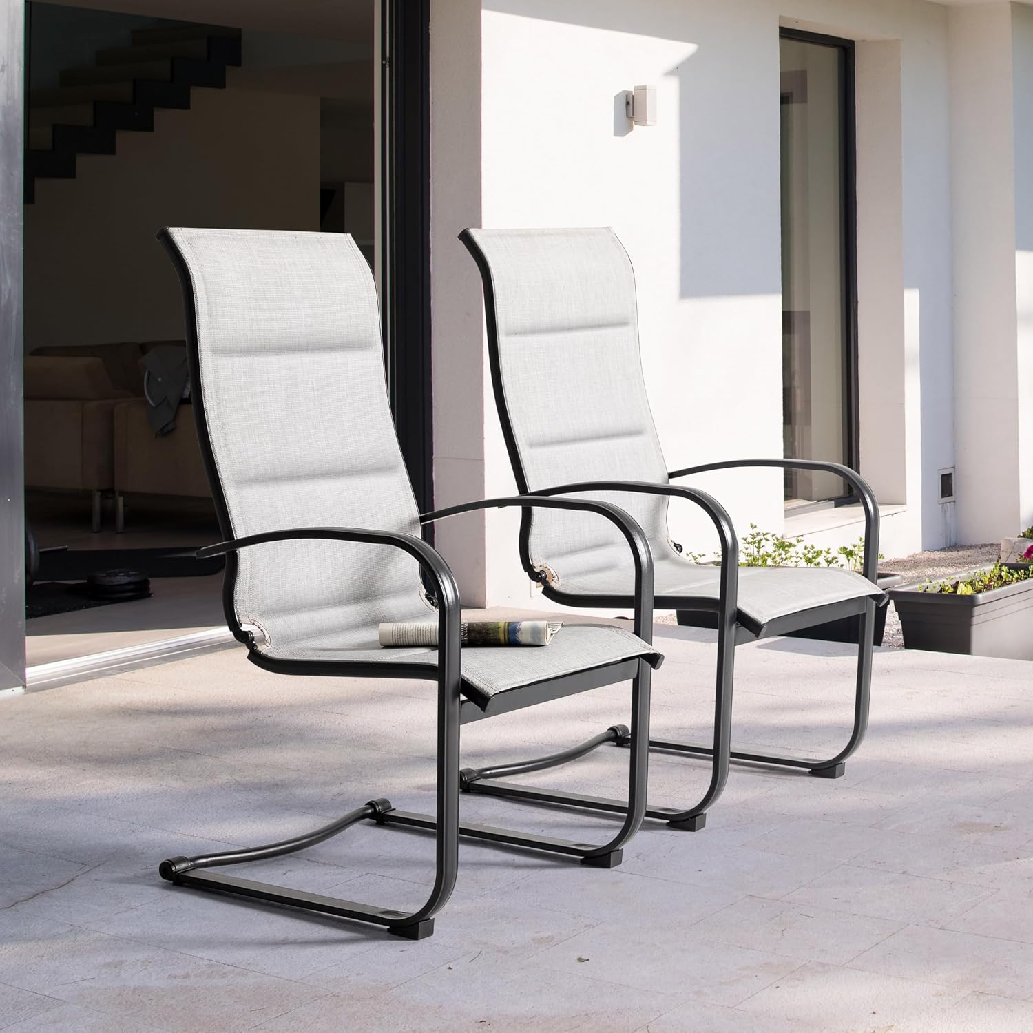 NUU GARDEN Patio Dining Chairs Set of 2, All Weather Outdoor Padded Textilene Patio Chairs, Breathable Spring Motion Textile High Back Outdoor Dining Chairs for Backyard, Lawn, Deck, Gray