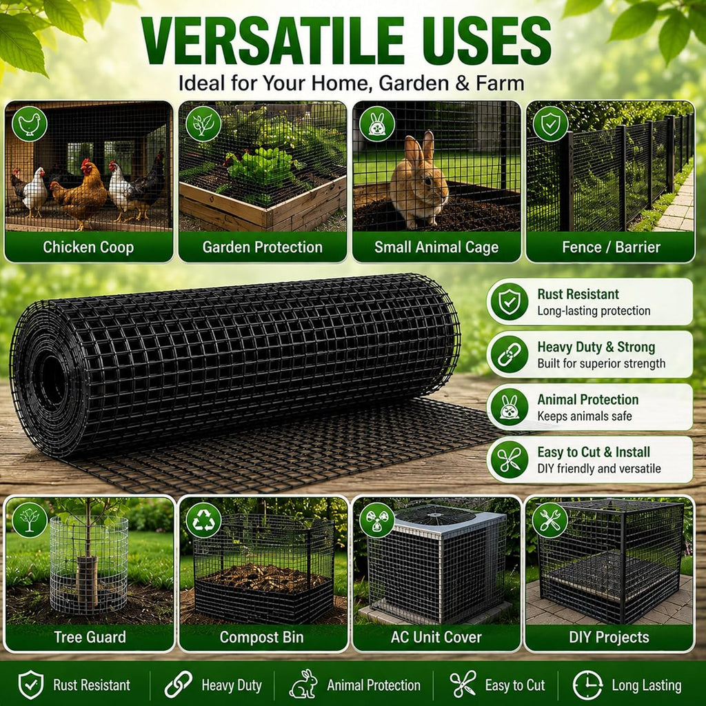 Hardware Cloth 1/2 inch Chicken Wire Fencing 48 x 100 Ft 19-Gauge | Black Vinyl Coated Wire Mesh Roll, Garden Fencing, Welded Wire Fence Roll, Wire Mesh Fencing, Rabbit Wire and Rodeng Wire