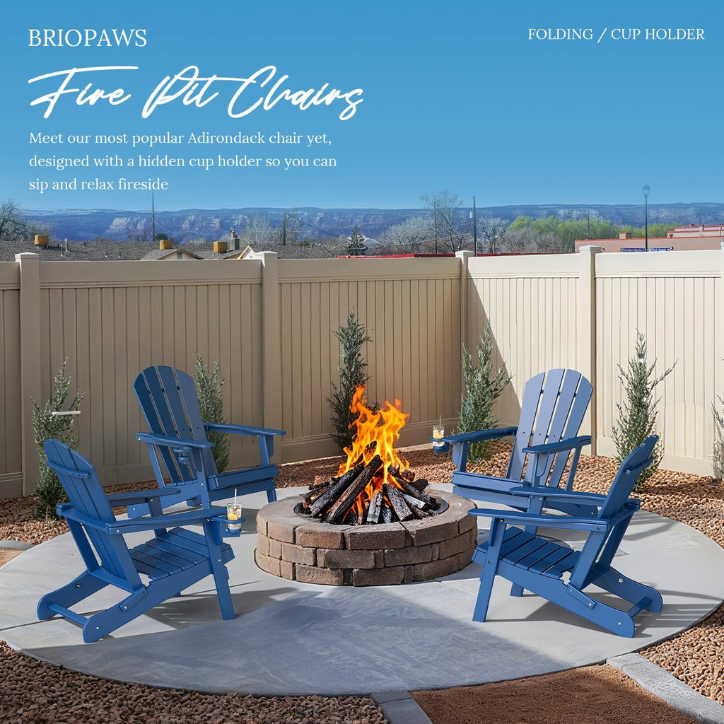 BRIOPAWS Folding-Adirondack-Chairs Set of 2 | HDPE Plastic | Fire Pit Chair | Cup Holder | Curved Back | All Weather| for Outdoor Backyard Deck Patio | Blue