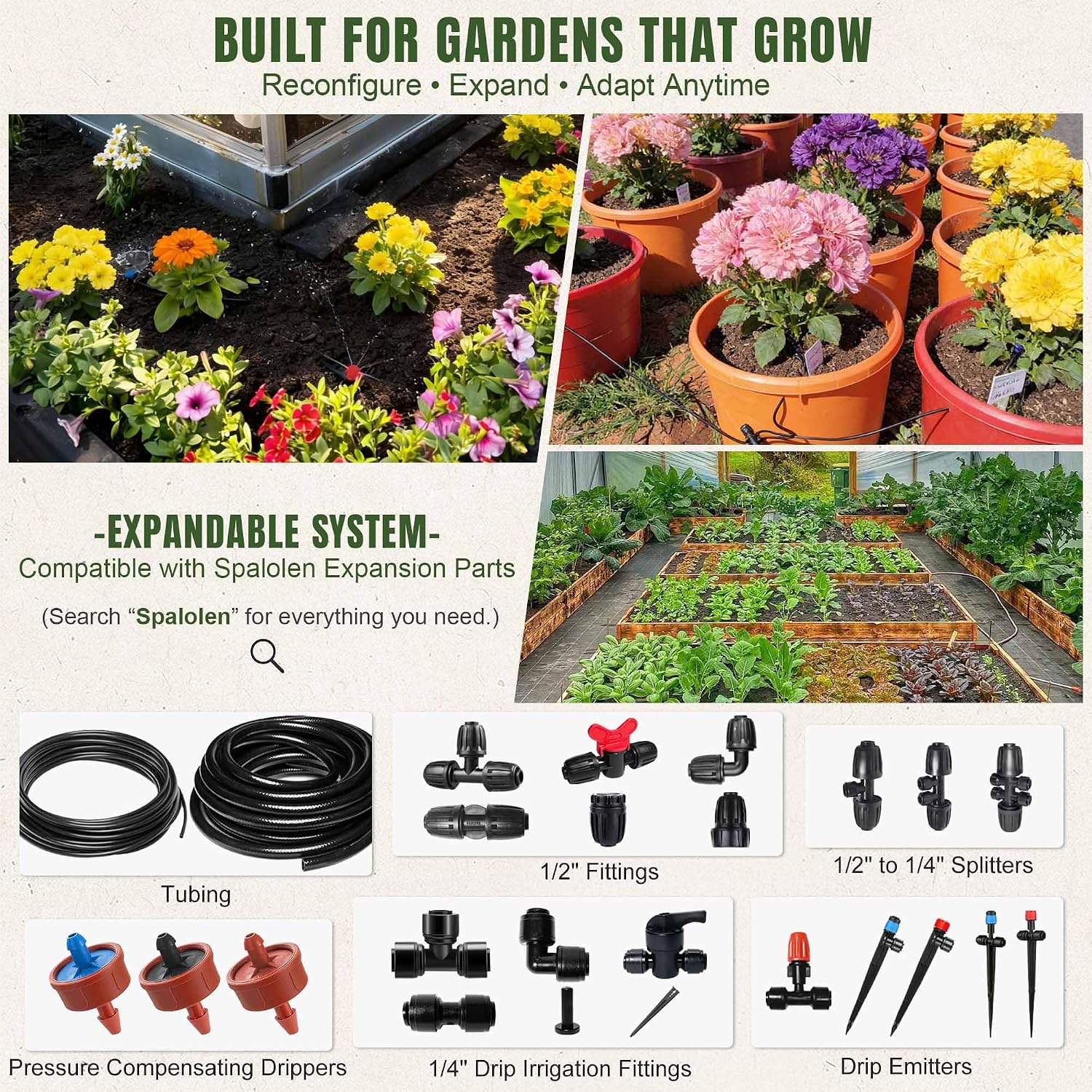 Push-to-Connect Drip Irrigation System Kit, 2-Zone Garden Watering System with 50FT 1/2" Mainline, Leak-Resistant Quick Connect Fittings, Adjustable Emitters for Raised Beds, Greenhouse