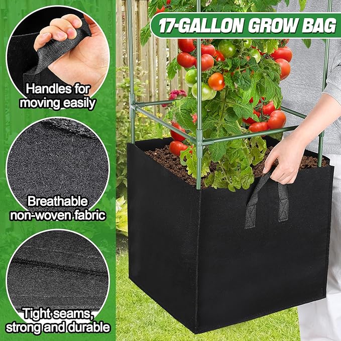 ANPHSIN Tomato Cages with 17 Gallon Grow Bags - 46'' Heavy-Duty Plant Support Cage Kit, Garden Pots with Square Plant Trellis for Flowers Vegetables Cucumber Vertical Climbing Vines, 2 Sets