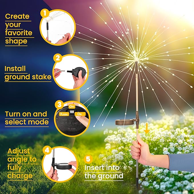 GIGALUMI Garden Decor Outdoor Lights 120LED 6Pack, Solar Garden Lights for Christmas Outside Fairy Firework Decorative,Solar Powered for Yard Pathway Flowerbed Planter Balcony Patio Decor (Warm White